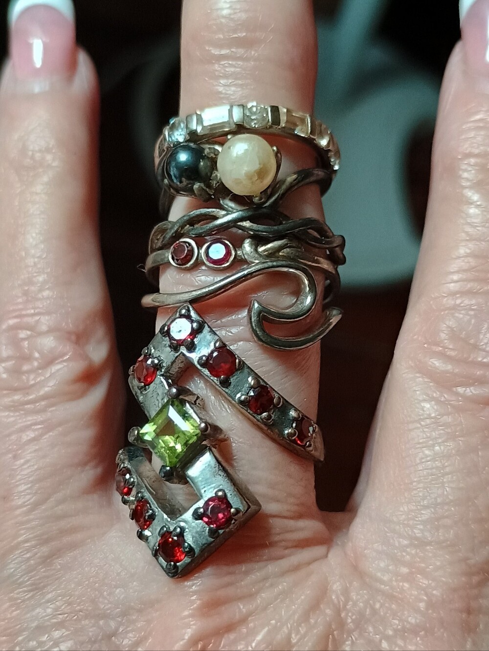 Vintage 925 Stackable Silver Rings with Red and Green Gem Accents -Sizes 5 To 9